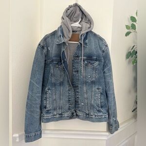 American Eagle Distressed Hooded Denim Jacket